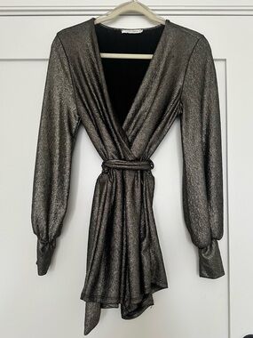 12th Tribe Metallic Charcoal Wrap Dress with Waist Tie